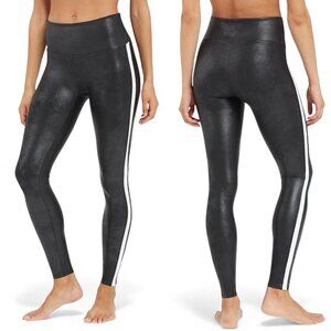 Spanx Tuxedo Leggings Size Medium Faux Leather Racing Side Stripe Black 20187